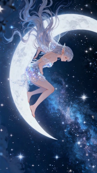 坐在月亮上精灵白发长腿动漫少女