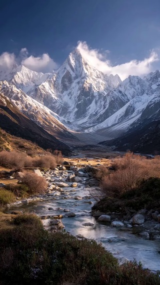 雪山映川，天地辽阔