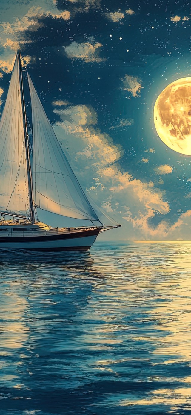 圆月下航行的小岛帆船