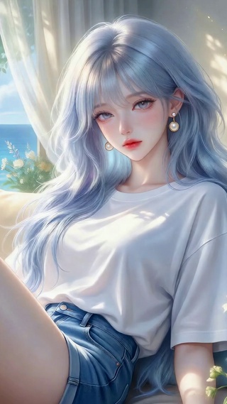 蓝发少女窗边海景