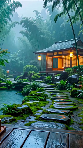 幽静竹林小屋瀑布