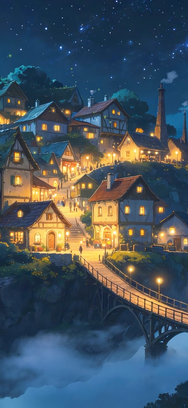 夜晚浮空小镇