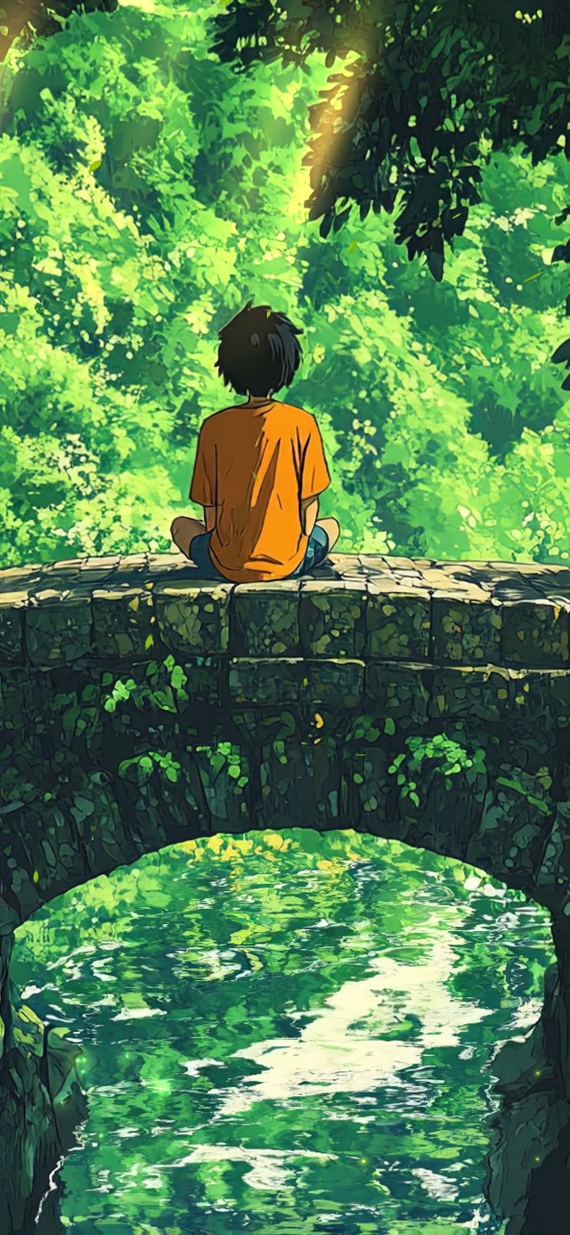 护眼绿色森林石桥男孩