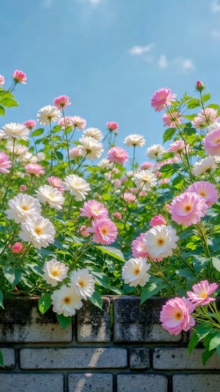 晴空下的浪漫粉白花墙