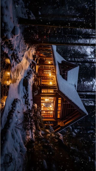 冬夜小屋灯光