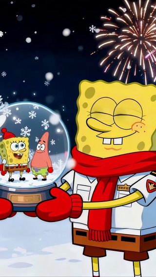 雪夜烟花海绵宝宝派大星