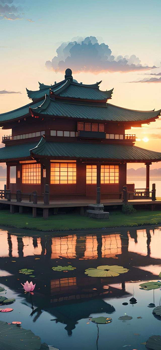 4K唯美古风夕阳落日荷塘