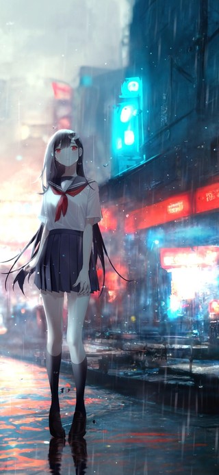 4k 赛博朋克雨天都市黑白少女