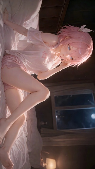 夜晚卧室粉发二次元美少女