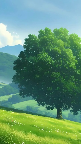 唯美治愈蓝天白云树木草地