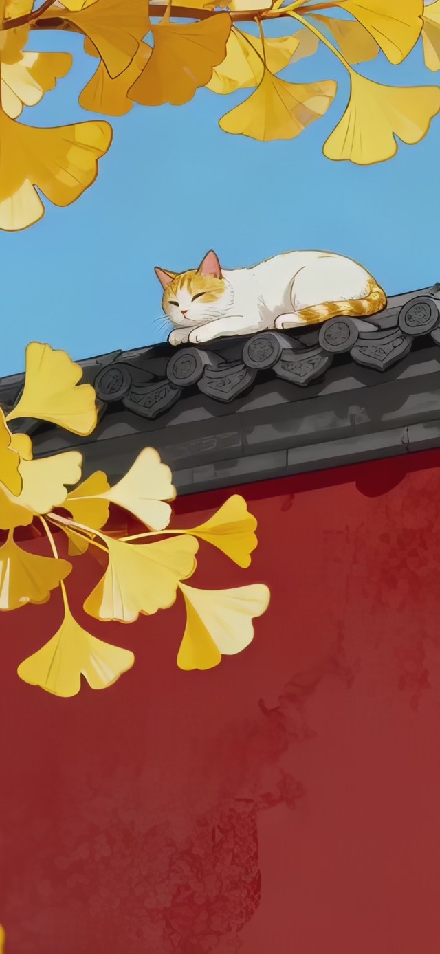 清新古风红墙银杏猫咪