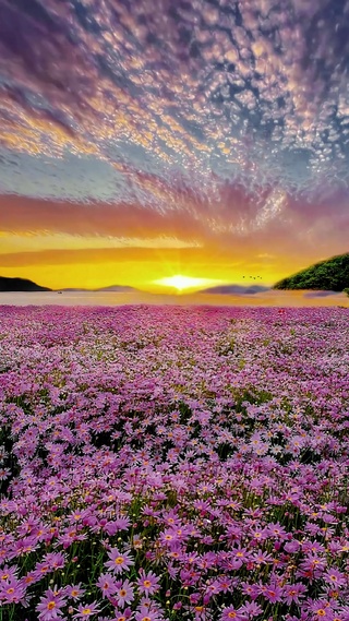 唯美晚霞小雏菊花海