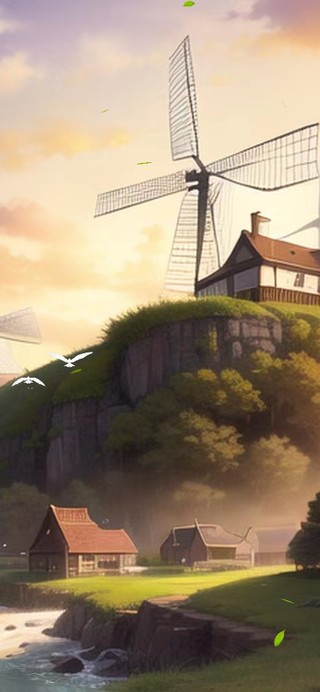 傍晚海边风车小屋