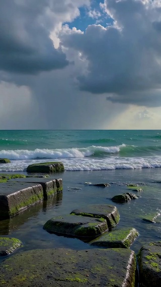 海边礁石晨光治愈海景