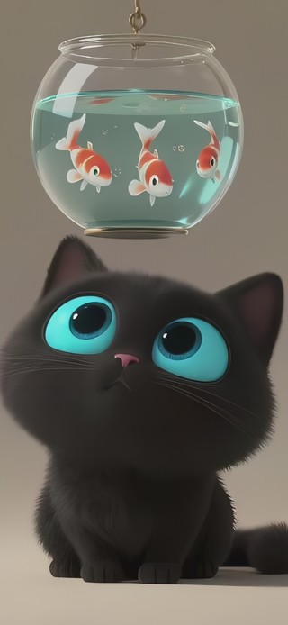 可爱逗鱼小黑猫