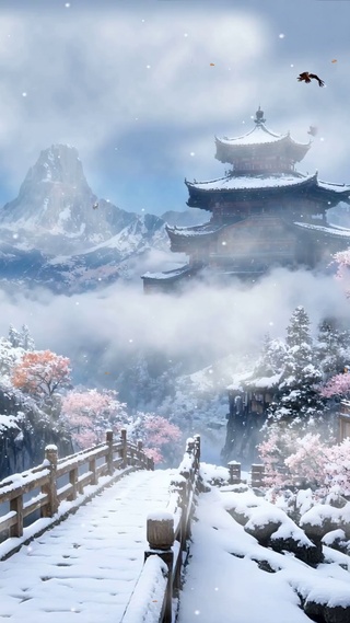 古风樱花树木河流雪景