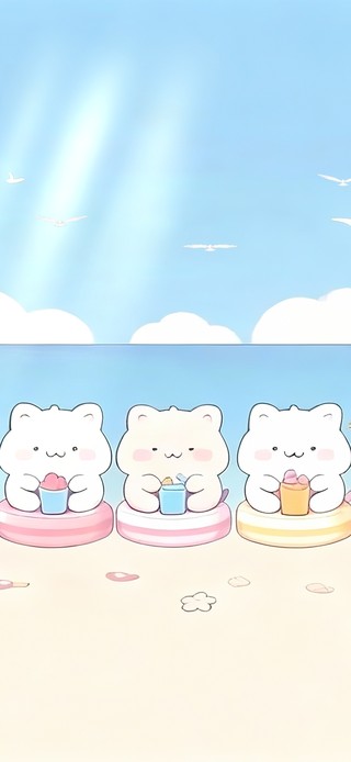 海滩晒太阳的猫咪们～