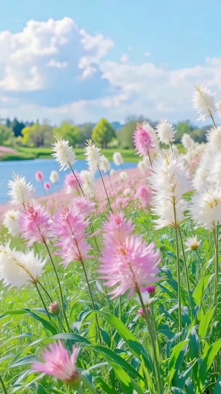 湖畔粉白花海