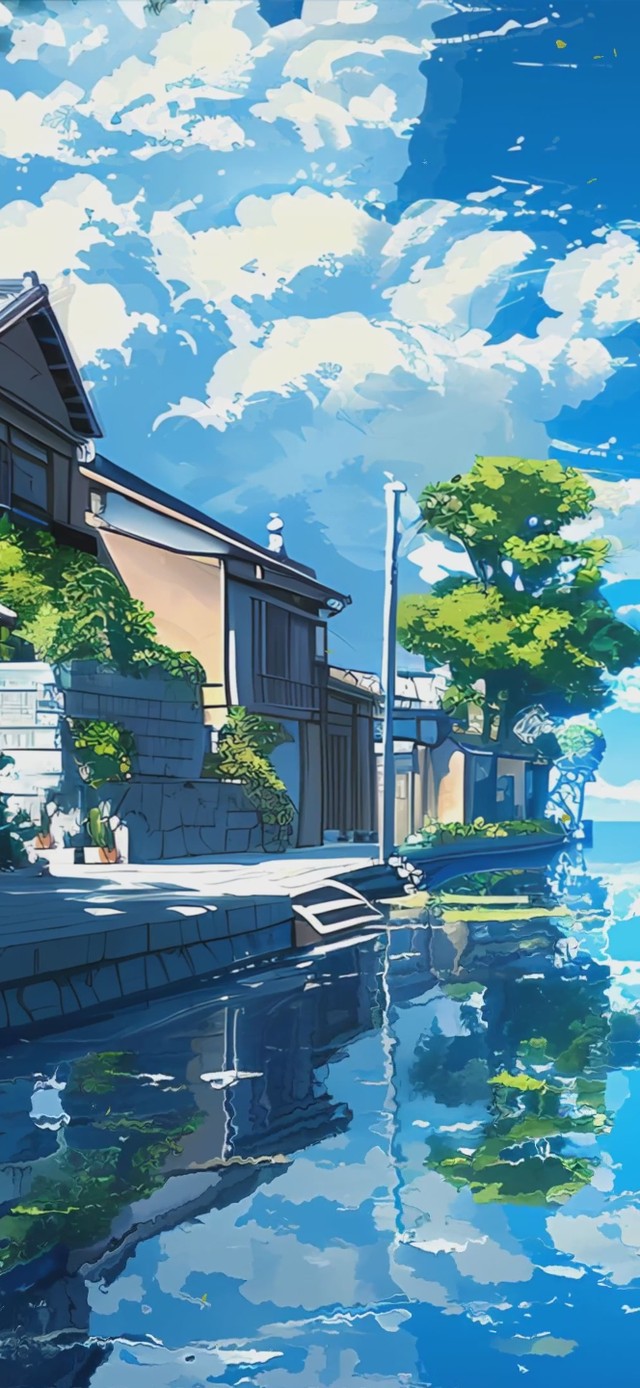 蓝天白云树木河流景色