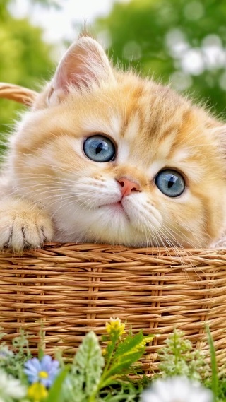 春日花篮里的小橘猫