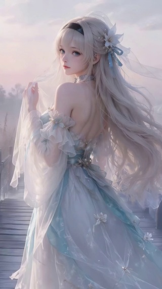 雾晨河边仙气银发美少女
