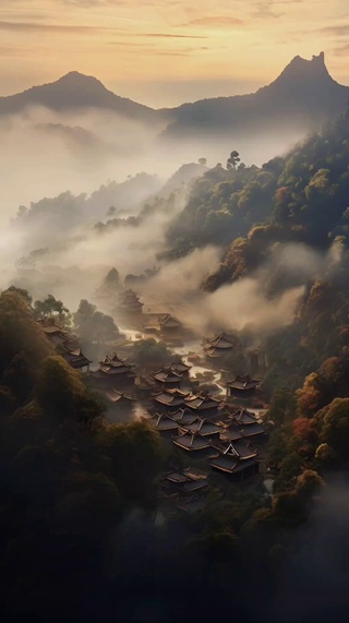 山谷雨中的村落