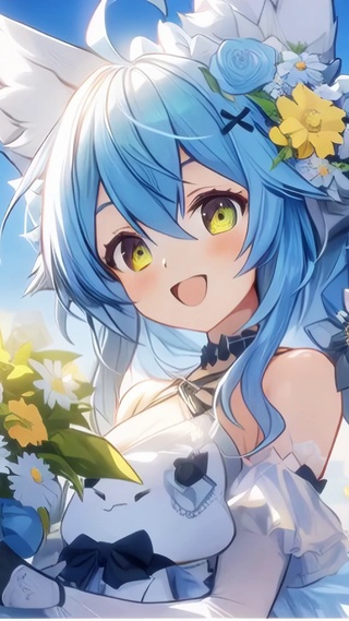 蓝发捧花少女