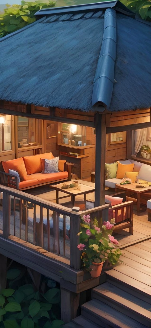傍晚海边绣球花小屋
