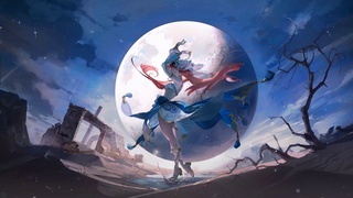 蓝调夜空里，巨型满月衬着持杖粉发少女，左右分布残垣与枯树。