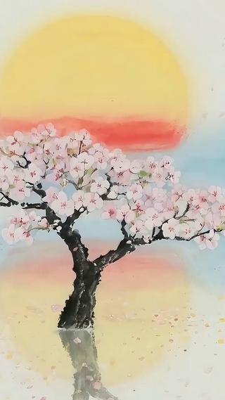 夕阳樱花树木