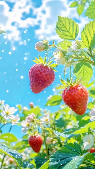 护眼仰望草莓田与蓝天