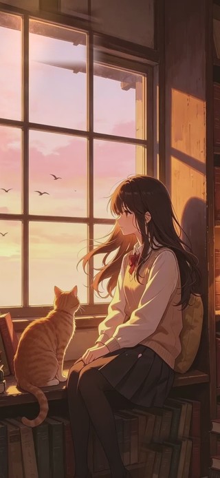 窗畔樱色·猫伴 手机锁屏