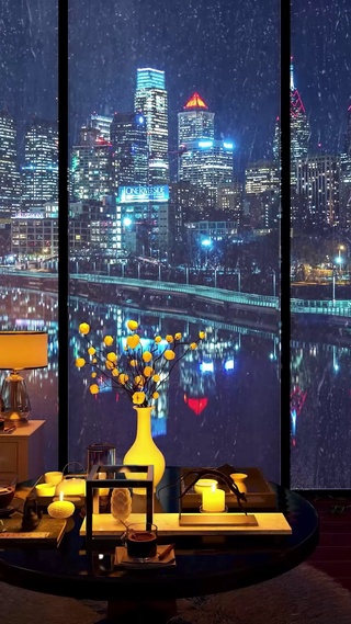 都市雨天夜景房间