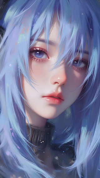 厚涂风蓝发耳机女孩