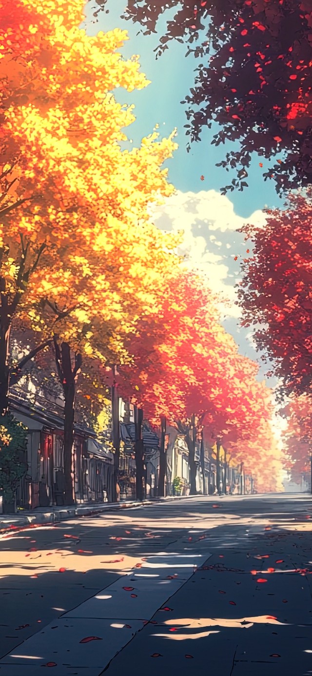 深秋红叶古镇无人街道