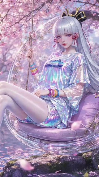 樱花树下的银发美少女