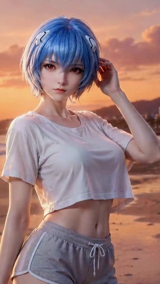 夕阳海滩蓝发二次元美少女