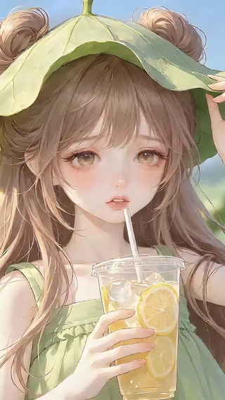 喝果汁的可爱荷叶少女