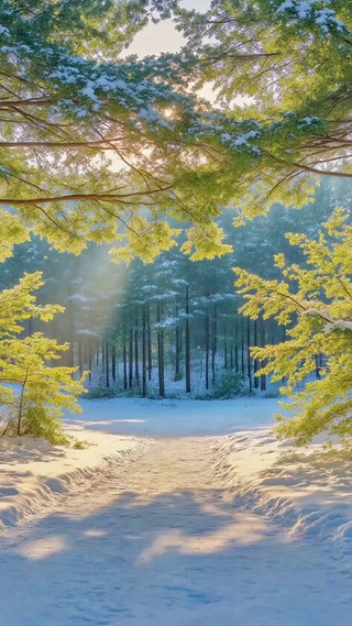 雪后松林晨光小径
