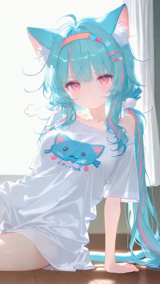 窗边慵懒猫耳蓝发美少女