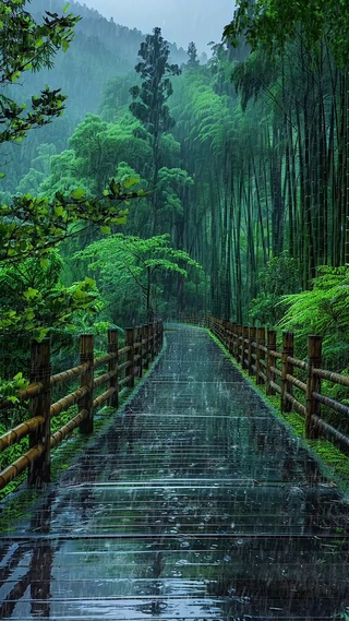 下雨天竹林中的道路