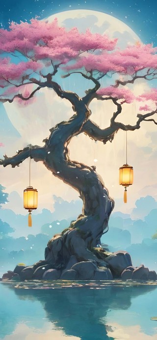 月下湖心樱花树