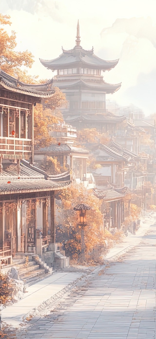 秋日古镇的朦胧清晨