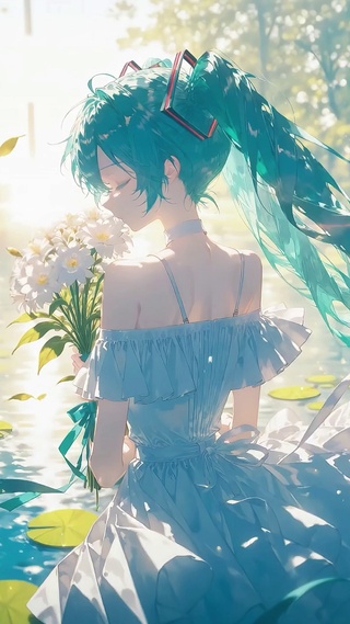 荷花池边的唯美少女初音