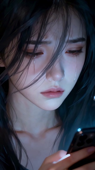 深夜失恋女孩看着手机默默流泪