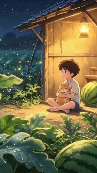 星空下西瓜地的猫与少年