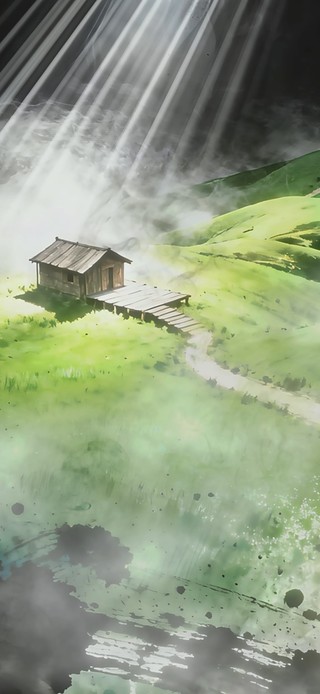 墨色晕染的山径孤屋