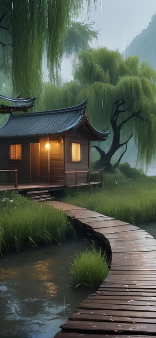 阴雨天河边柳树小屋