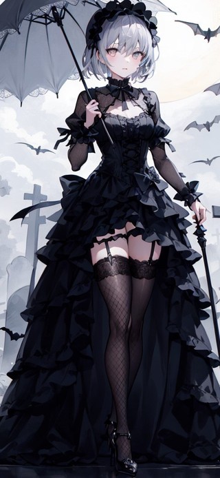 4k墓地蝙蝠白毛黑色恶魔美少女
