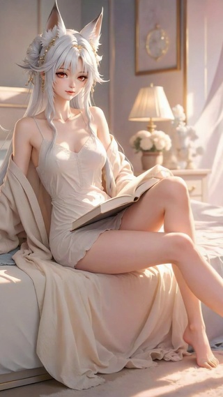 清晨卧室银发狐耳美女-心月狐